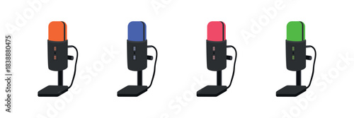 A set of modern microphones for podcasts, game broadcasts, and audio recording on a stand. Isolated vector illustration on a white background.