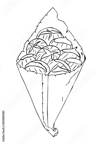 Roasted chestnuts paper cornet. isolated.  Traditional seasonal street food. vector hand drawn illustration. menu cookbook