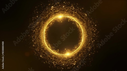 Golden Ring of Light Particles Shimmering and Expanding with Lens Flare Effect on Dark Background