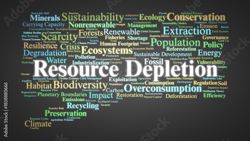 Resource Depletion Word Cloud. Key Concepts on Global Resource Scarcity and Environmental Sustainability