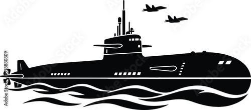 Military Submarine Silhouette with Fighter Jets Over Ocean Waves