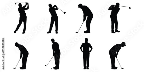 Eight Silhouette Golfers in Different Poses During a Golf Game Keywords: golfer, golf, silhouette, person, man, sport
