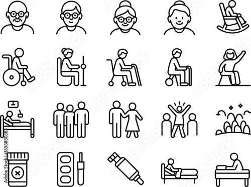 Elderly People Health Care and Mobility Assistance Icons Set senior