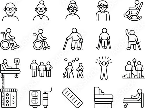 Elderly people icons with medical and recreational activities senior woman