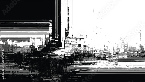 distorted urban cityscape glitch effect, black and white digital error background, cyberpunk abstract city skyline