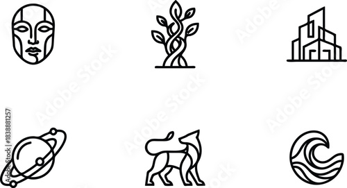 Minimalist diverse outline icon set with abstract faces nature buildings planets and animals for modern designs