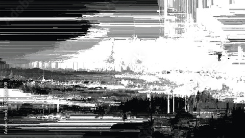 distorted urban cityscape glitch effect, black and white digital error background, cyberpunk abstract city skyline