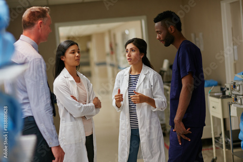 Fotografie Healthcare, doctor and meeting in hospital for communication, consulting and planning