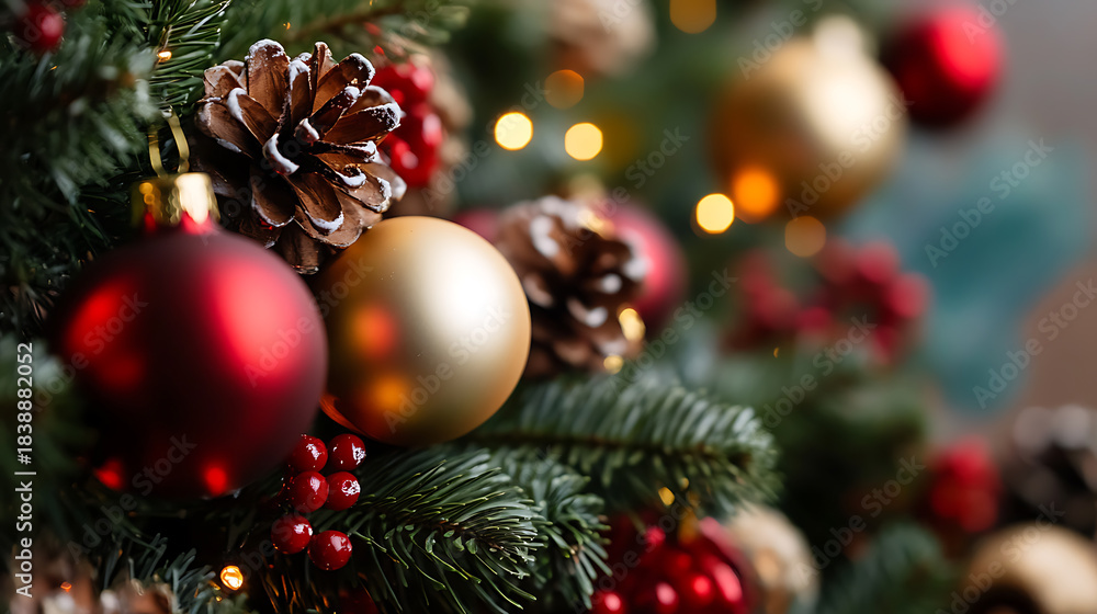 Fototapeta premium Festive Christmas tree adornments, including red and gold ornaments, pinecones, and red berries, create a warm and inviting holiday scene.