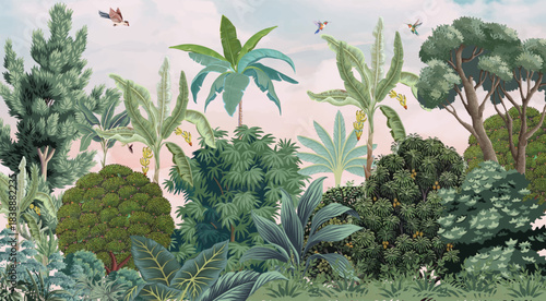 Traditional Mughal Garden Illustration for wall Mural, Mughal Wall Paper, Indian Wedding wallpaper.