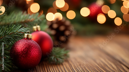 Sparkling red ornaments nestle beside pine needles on a wooden surface, illuminated by a bokeh of warm lights, creating a festive holiday atmosphere. Classic Christmas decor.