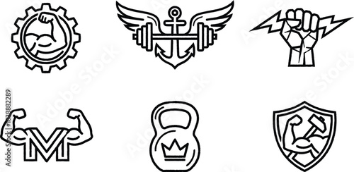 Strong fitness and gym workout emblem icons featuring muscles and weights vector graphic set