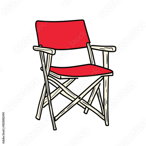 Red canvas director chair illustration with wooden frame and armrests isolated on white background minimal flat vector design for film and theater concepts