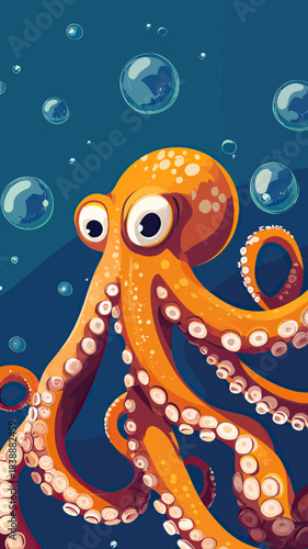 Bright orange octopus underwater with large eyes and detailed tentacles surrounded by air bubbles in deep blue ocean background vector illustration