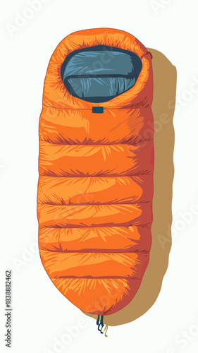 Orange insulated sleeping bag top view with drawstrings and padded interior for camping and outdoor rest equipment vector flat design