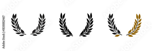 Minimalist black laurel wreath icons with flat design style and one gold accented laurel wreath for victory symbol set