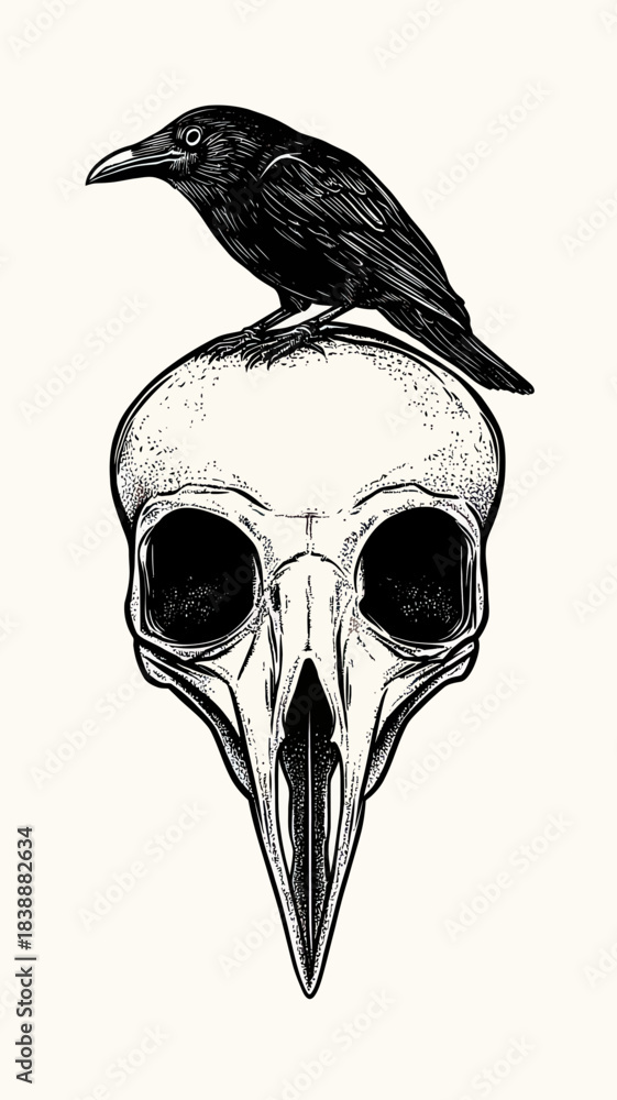 Fototapeta premium Black raven perched on detailed bird skull engraving with dark hollow eyes in minimalistic monochrome vector illustration style