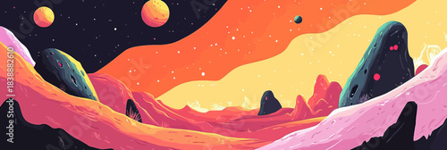 Colorful alien planet landscape with surreal rock formations, glowing celestial bodies, vibrant red and orange terrain under starry sky vector background illustration for game design