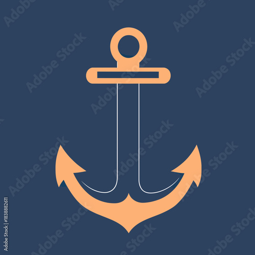 Minimalist flat style nautical anchor symbol vector graphic in orange on dark blue background for maritime and marine design concepts
