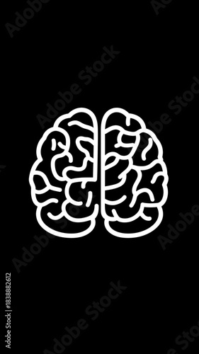 Minimalist black and white flat vector icon of human brain with simplified cerebral cortex lines and central division on black background for medical and science design