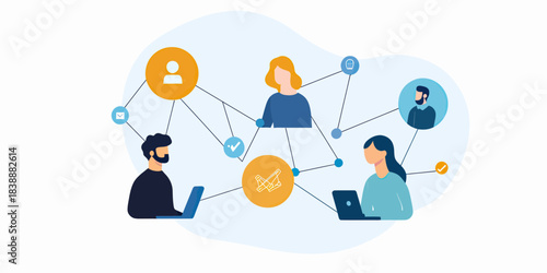 Remote team working online collaboration network with people connecting through laptops and digital communication icons in flat style vector illustration