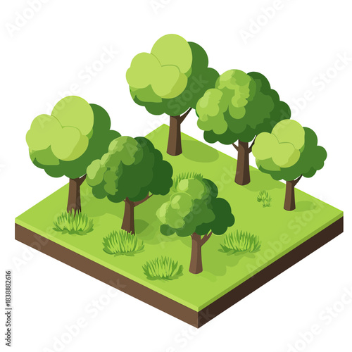 Isometric forest scene with green trees and grass on grassy terrain flat vector illustration isolated on white background vector nature landscape design