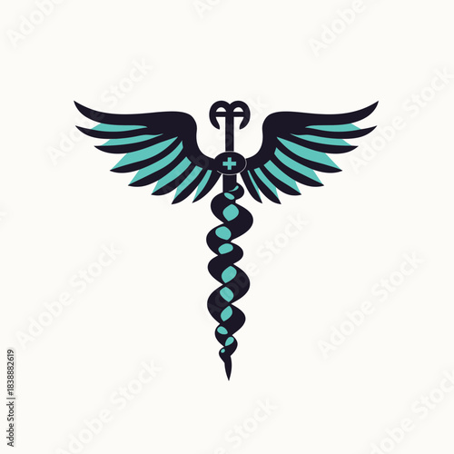 Minimalist flat vector illustration of caduceus medical symbol with wings and intertwined snakes in black and teal colors on white background for healthcare and medicine design