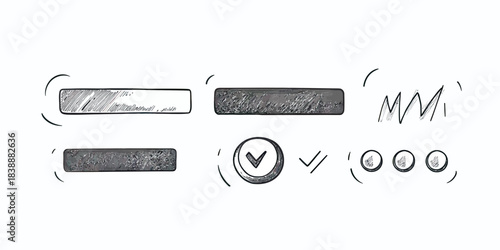 Hand drawn loading bar progress icons set with check mark and signal bars in sketch doodle style isolated on white background vector illustration