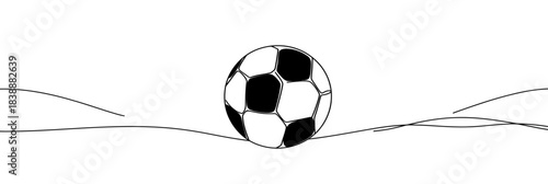 Minimalist continuous line drawing of classic black and white soccer ball silhouette with fluid curved lines on white background vector illustration