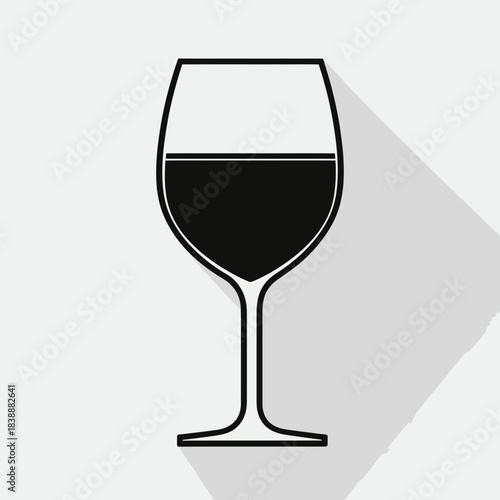 Minimalist flat style wine glass with red wine silhouette icon featuring long shadow on light background vector illustration