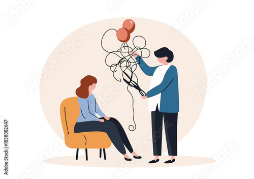 Psychologist cutting chaotic tangled balloon strings held by seated woman symbolizing stress relief mental health therapy counseling and anxiety reduction in minimalist style vector illustration
