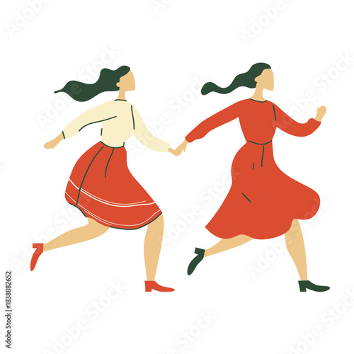 Two Women Running Holding Hands Red Skirts Flat Minimalist Vector Illustration Youthful Dynamic Movement Friendship Connection Outdoor Activity
