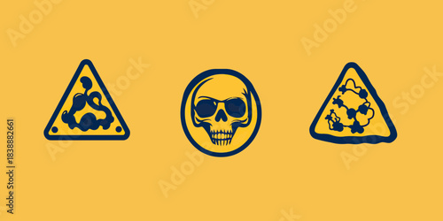 Toxic hazard warning icons set with skull symbol and chemical danger triangle signs on yellow background minimal flat vector