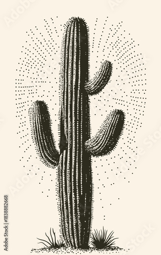 Vintage style detailed saguaro cactus illustration with dotted halftone texture and radiating dot pattern on beige background for desert themes