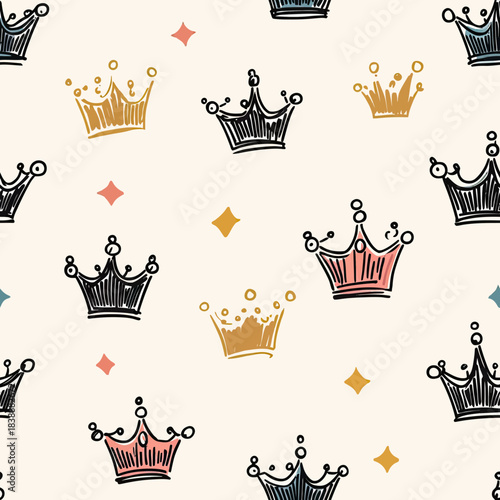 Seamless pattern of hand drawn doodle crowns in black pink and mustard with decorative diamond shapes on light background vector illustration flat minimalist style