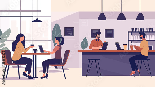 Young people working laptop cafe modern interior coworking space freelancers drinking coffee bar stools minimalist flat vector illustration