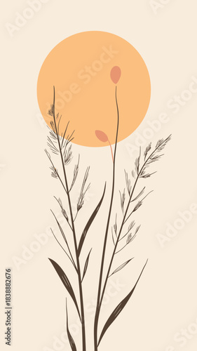 Minimalist botanical illustration of slender grass and wheat ear silhouettes with large warm orange sun circle background