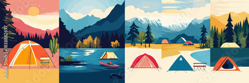Colorful camping tents in diverse mountainous landscapes with lakes, forests, sunrise, and snow-capped peaks in flat minimalist vector style outdoor adventure scenes