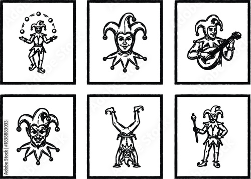Vintage black and white handdrawn jester characters collection depicting various medieval court entertainment scenes