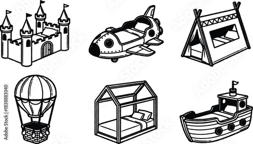 Whimsical line art collection of childrens imaginative beds featuring castle rocket teepee house and boat designs perfect for kids room decor