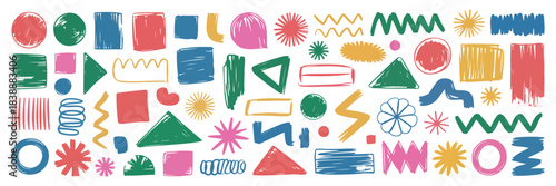 Set of colorful handdrawn abstract shapes, scribbles, and doodle elements with a sketchy texture