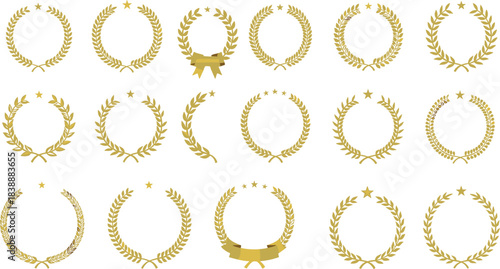 Assortment Of Golden Laurel Wreaths With Stars And Ribbons On White award winner