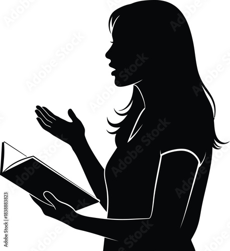 Silhouette of a woman reading a book and gesturing