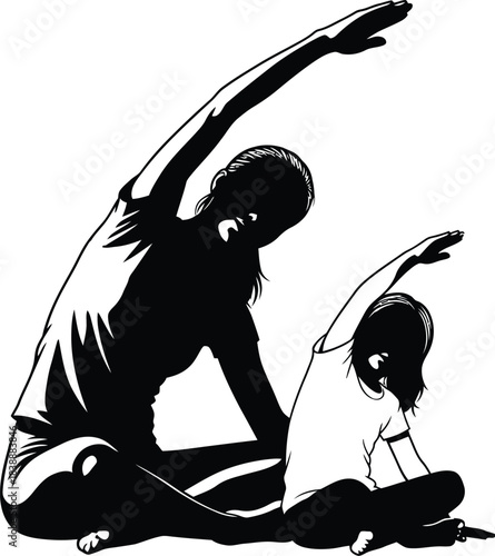 Silhouette of a mother and child stretching together