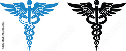 Blue and Black Caduceus Medical Symbols on White Background health healthcare