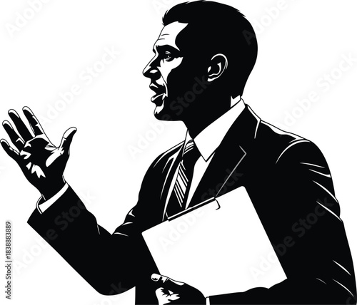 Silhouette of a man speaking passionately while holding a clipboard