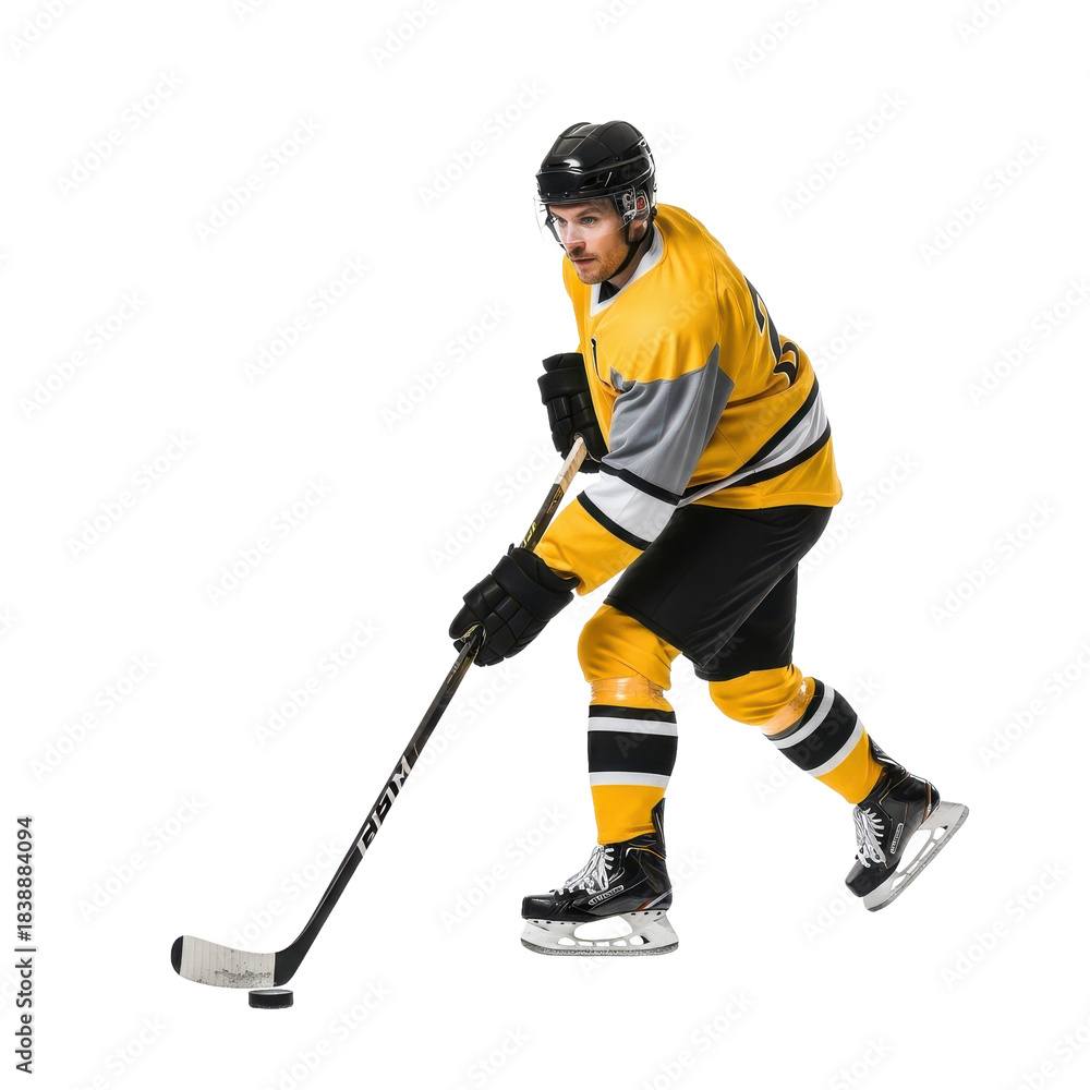 Fototapeta premium Professional Male Ice Hockey Player Puck Handling Action