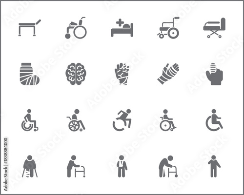 Set of Disability People Pictograms Flat Icons. Contains such Icons as Disabled health care, medical tools, equipment stick figure, crutches, wheelchair, cane, electric wheelchair, power scooter