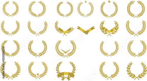 Collection Of Golden Laurel Wreaths And Ribbons On White Background award winner