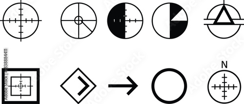 Collection of Targeting Reticle and Navigation Symbols on White Background Keywords: crosshair, reticle, target, scope, aiming